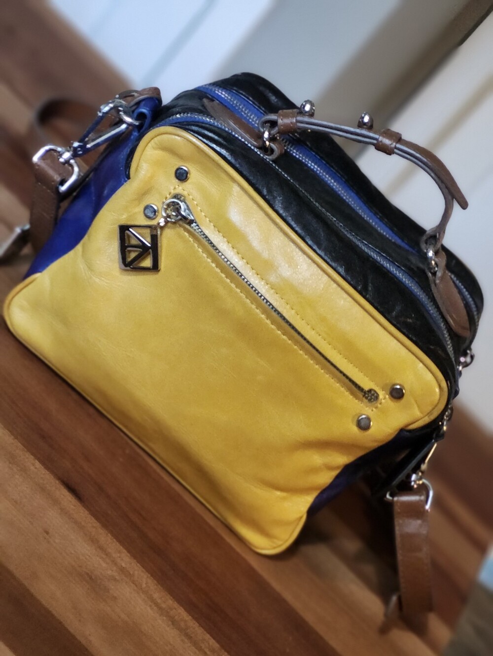 Beautiful, Yellow, Blue & Black Leather Satchel Handbag/crossbody Bag.